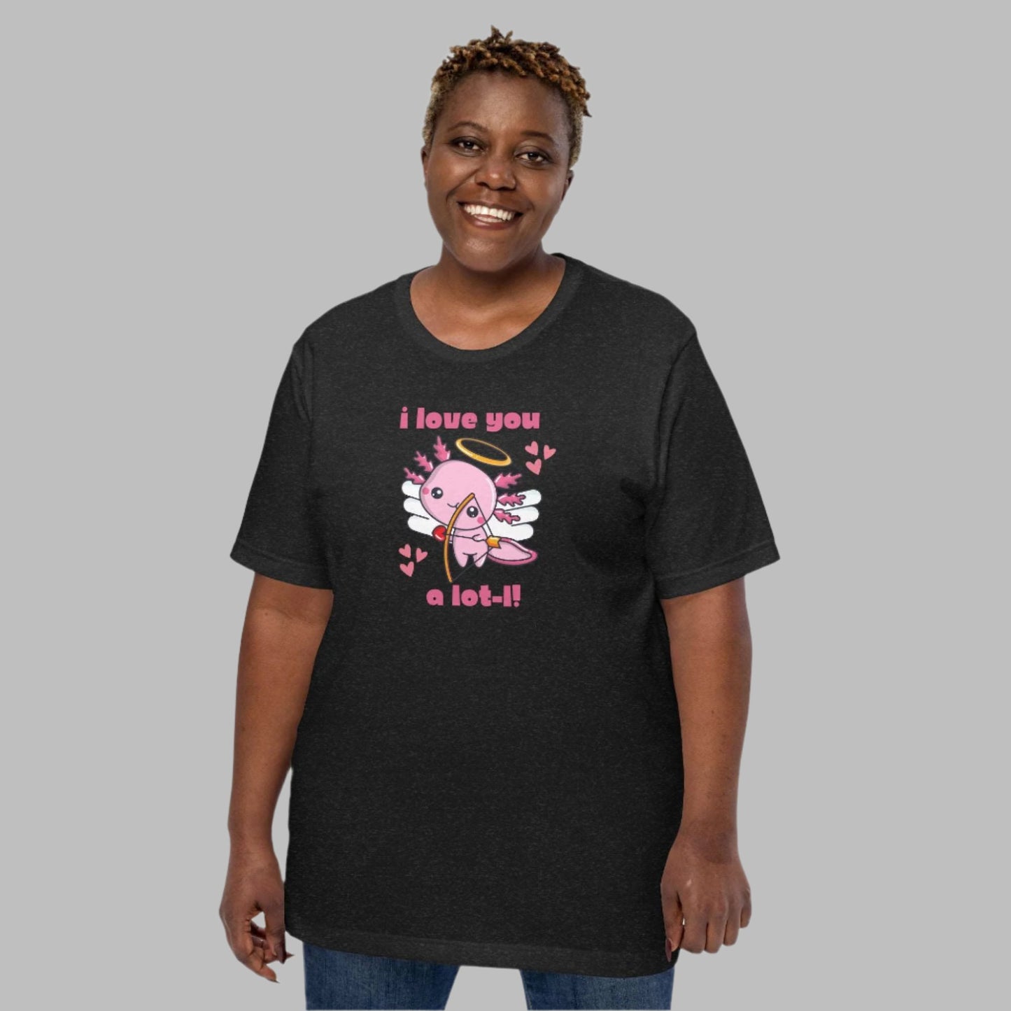 Cute and quirky “I Love You A Lot-L” axolotl shirt for women, showcasing a pink cupid axolotl with hearts. This Valentine’s Day graphic tee is printed on Bella Canvas 3001 in XS–XL, offering comfort and flattering fit. Perfect for teachers, animal lovers, and moms who want a fun Valentine’s outfit. Makes a unique gift for girlfriends, wives, and axolotl fans who enjoy playful designs, kawaii fashion, and pun-inspired graphic shirts.