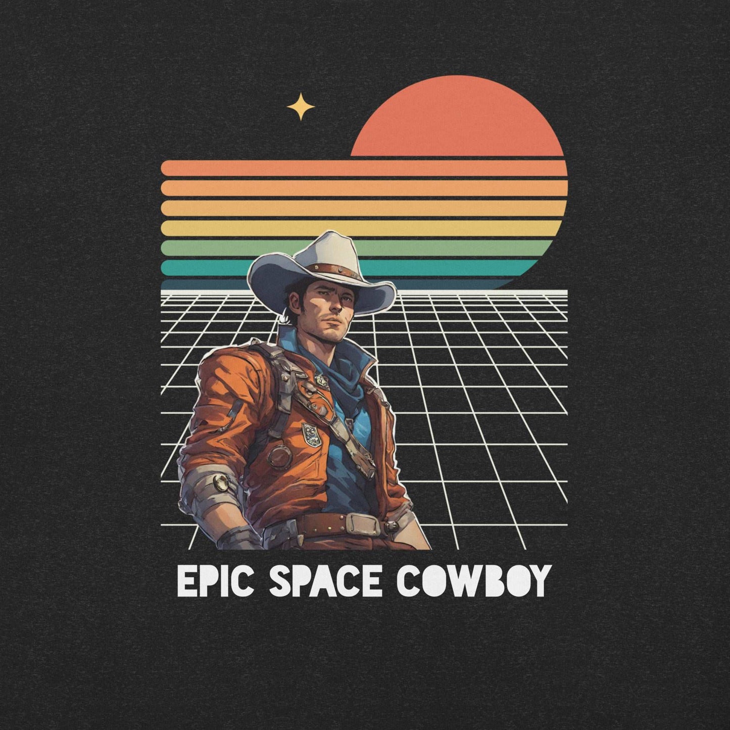 Epic Space Cowboy Adult Shirt- black men’s crewneck T-shirt featuring a retro futuristic space scene and a man in a cowboy hat, by jaecrece