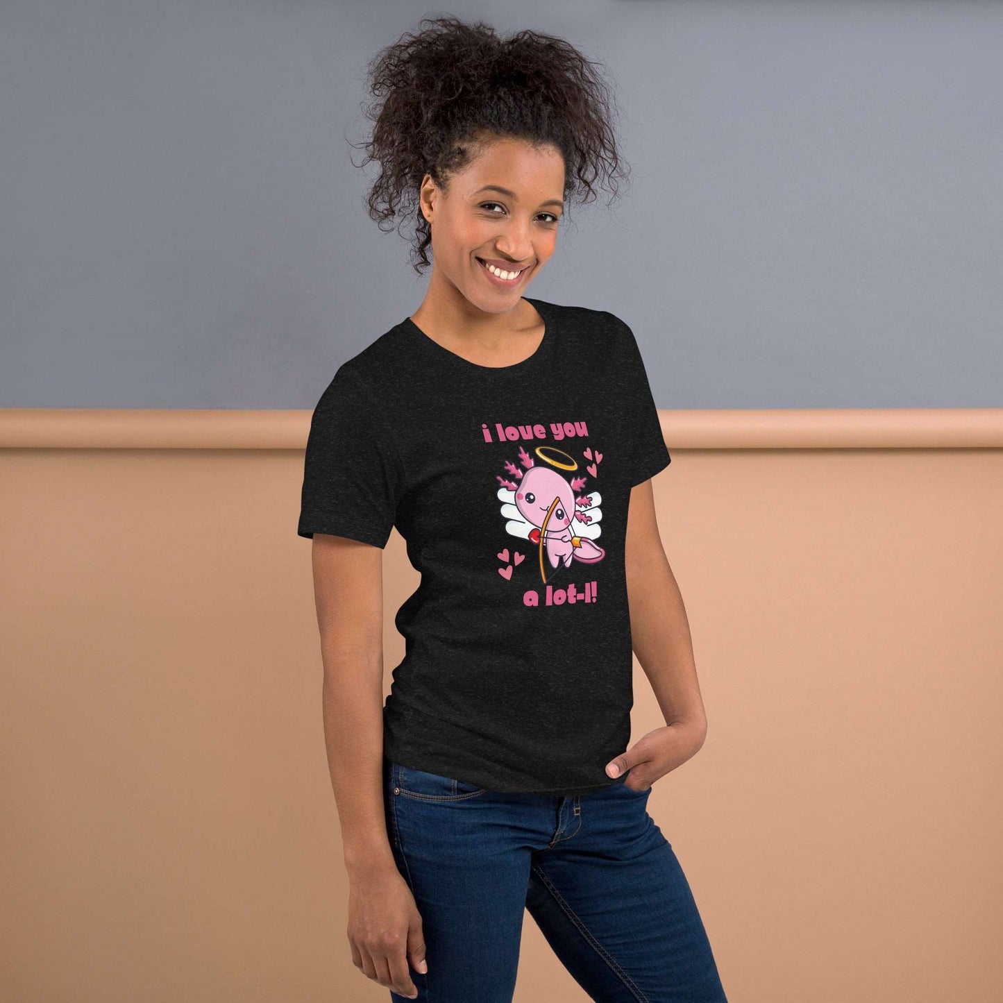 Women’s Valentine’s Day graphic tee featuring a kawaii pink axolotl cupid surrounded by hearts with the phrase “I Love You A Lot-L.” Printed on Bella Canvas 3001, this shirt is soft, durable, and available in XS–XL. Perfect for quirky Valentine’s outfits, classroom wear for teachers, or casual date nights. A thoughtful Valentine’s gift for animal lovers, girlfriends, wives, or moms who enjoy fun graphic shirts and playful axolotl fashion.