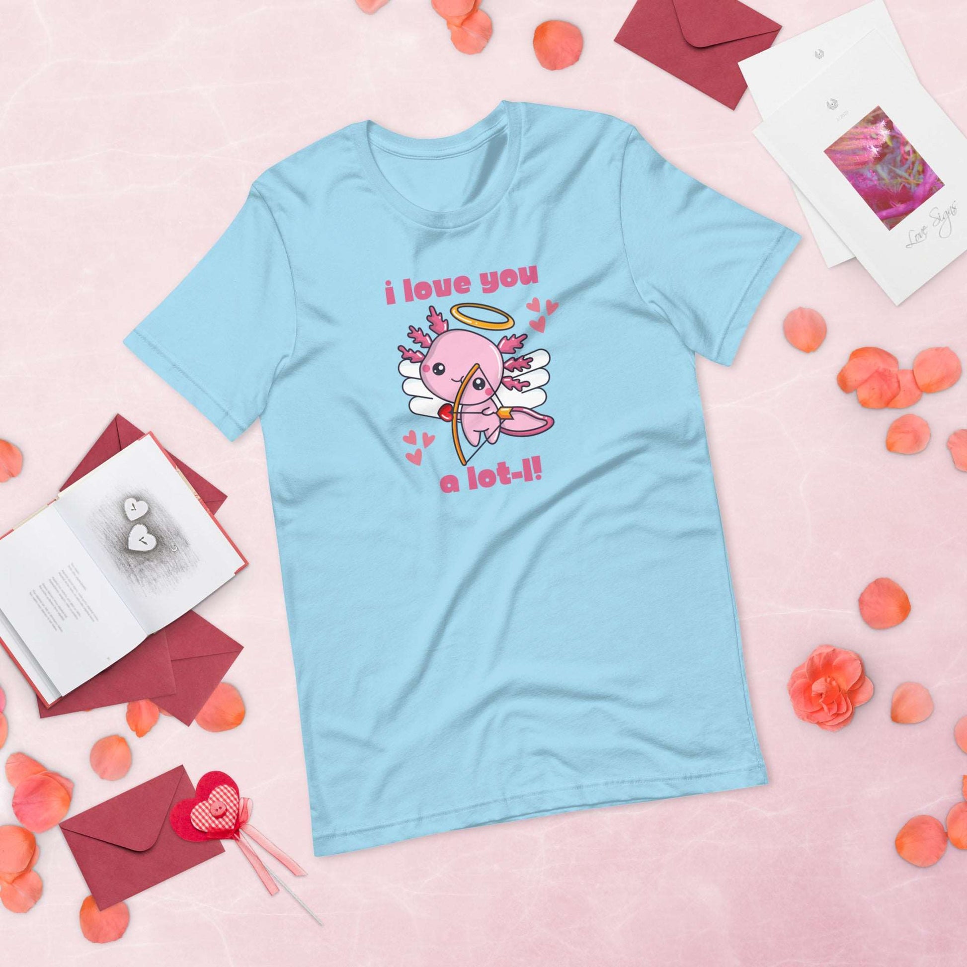 Charming “I Love You A Lot-L” axolotl women’s Valentine’s shirt with a pink cupid axolotl and heart design. Printed on Bella Canvas 3001, this XS–XL tee is soft, stylish, and perfect for quirky Valentine’s outfits. A thoughtful gift for girlfriends, wives, teachers, or animal lovers who enjoy pun-inspired fashion. Great for Valentine’s Day parties, classroom celebrations, or casual everyday wear, this axolotl shirt adds sweet personality to your wardrobe.