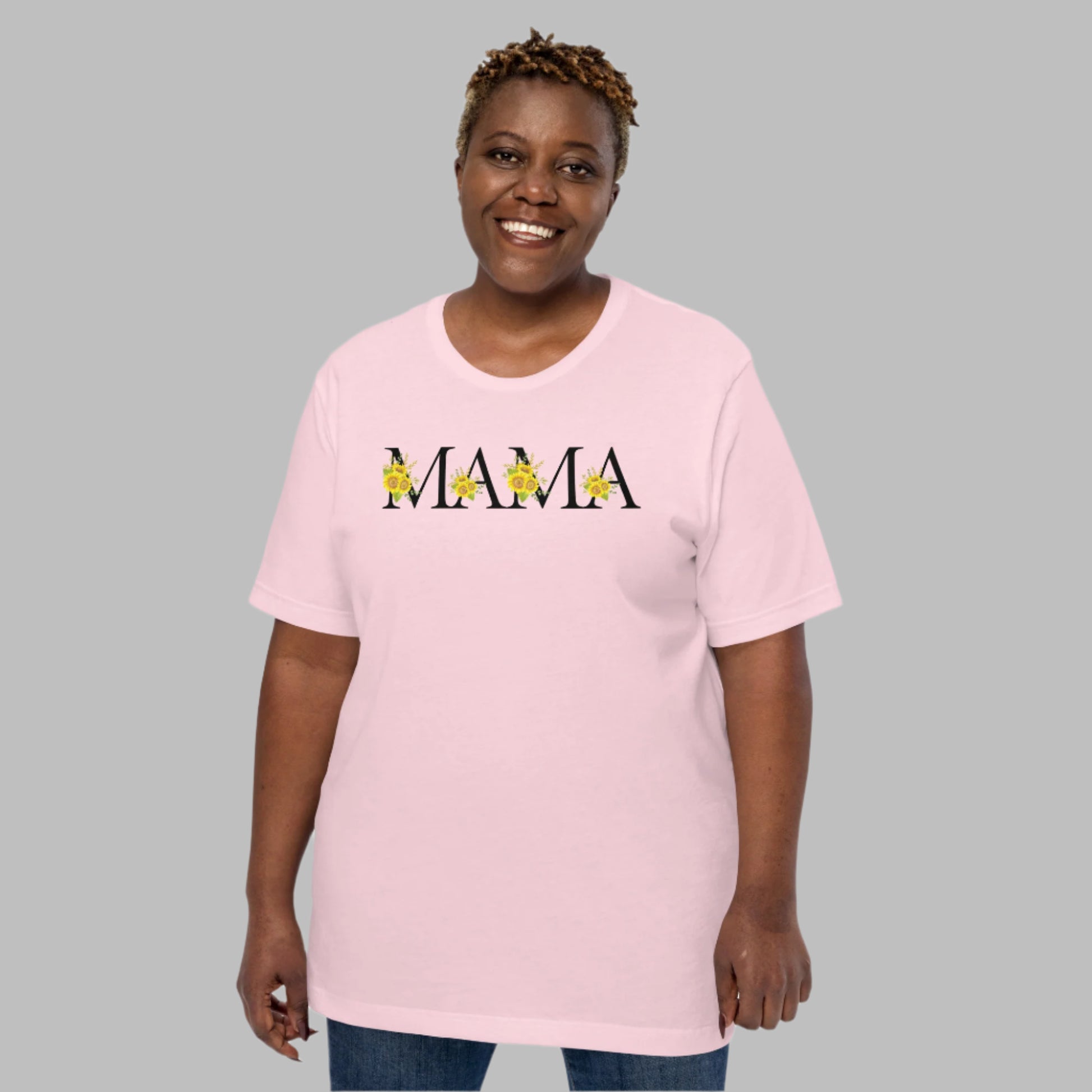 Image: MAMA sunflower tshirt, available in white, light pink and ash. This pullover crewneck features the word MAMA in large black block letters with sunflower calligraph accent. A great baby announcement gift or Mothers day present by jaecrece