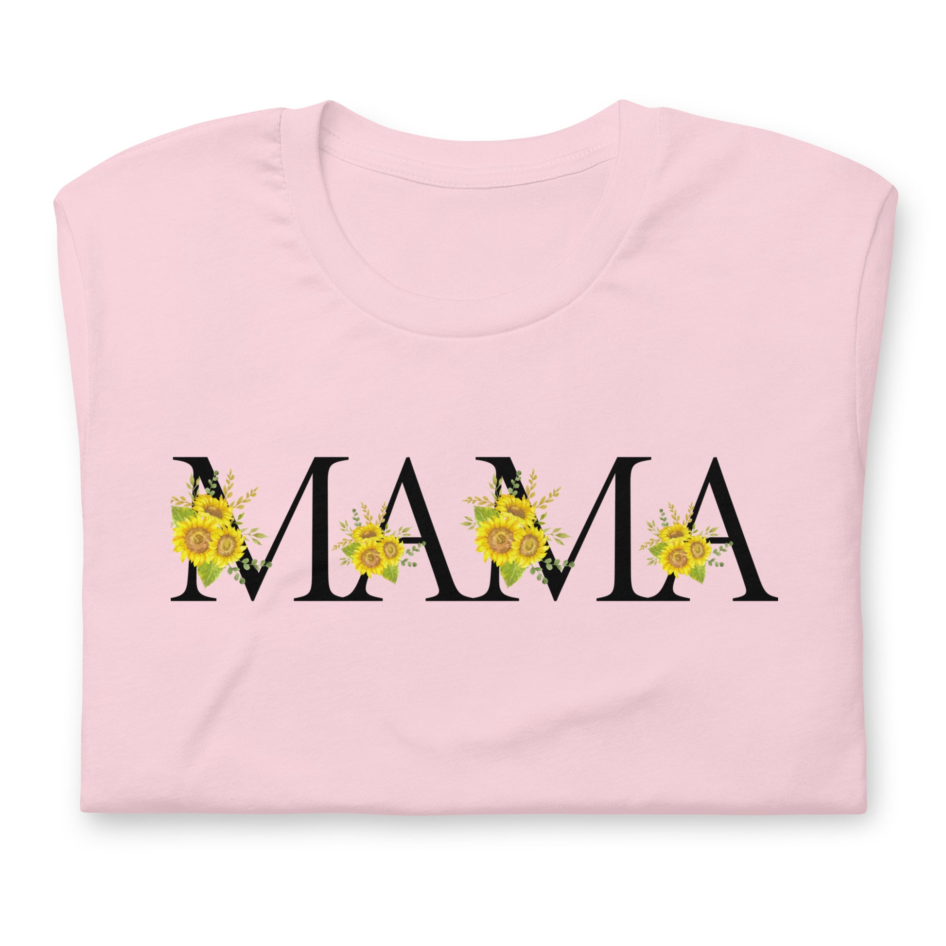Image: MAMA sunflower tshirt, available in white, light pink and ash. This pullover crewneck features the word MAMA in large black block letters with sunflower calligraph accent. A great baby announcement gift or Mothers day present by jaecrece