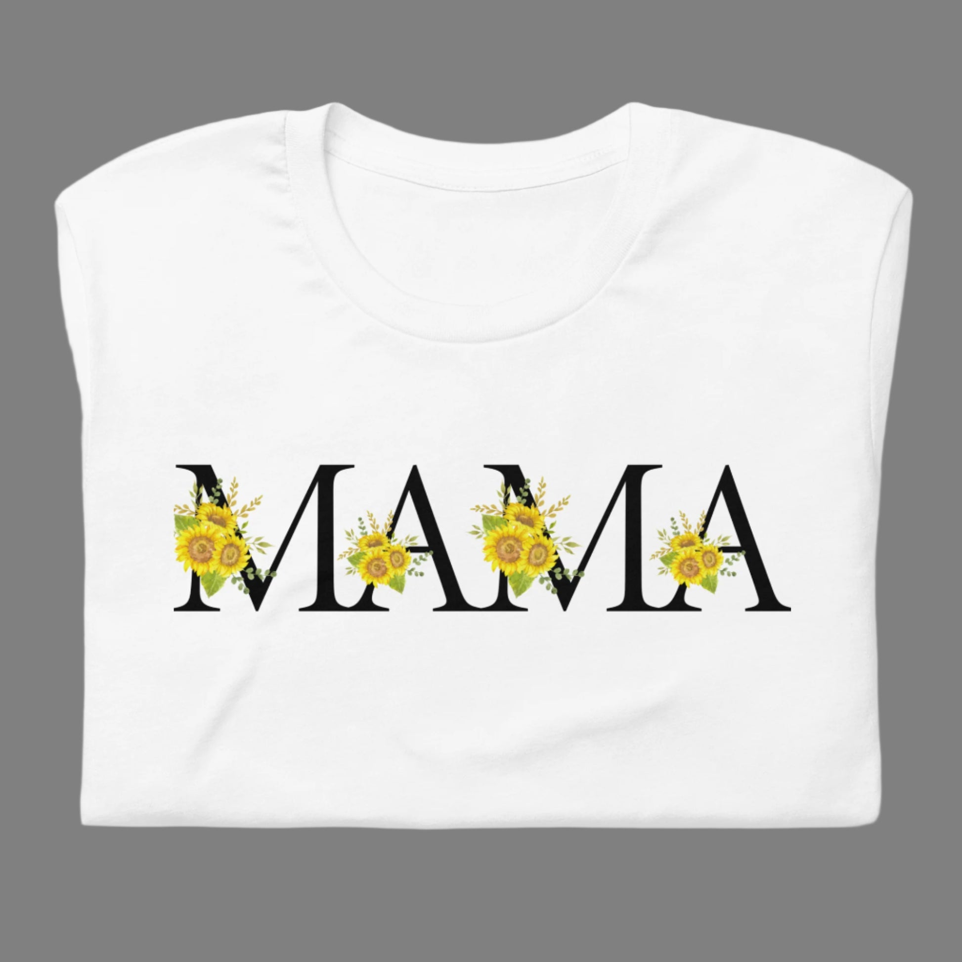 Image: MAMA sunflower tshirt, available in white, light pink and ash. This pullover crewneck features the word MAMA in large black block letters with sunflower calligraph accent. A great baby announcement gift or Mothers day present by jaecrece