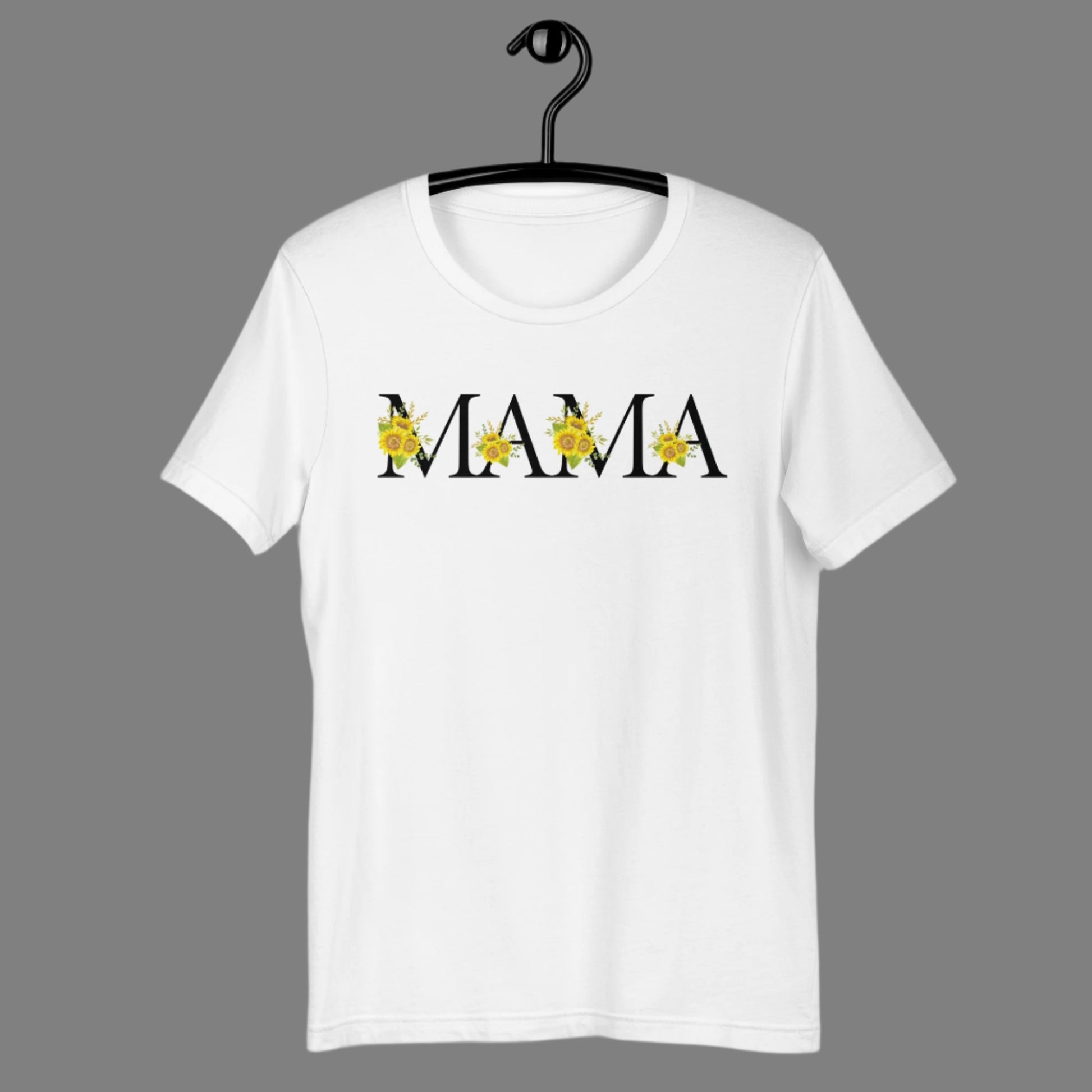 Image: MAMA sunflower tshirt, available in white, light pink and ash. This pullover crewneck features the word MAMA in large black block letters with sunflower calligraph accent. A great baby announcement gift or Mothers day present by jaecrece