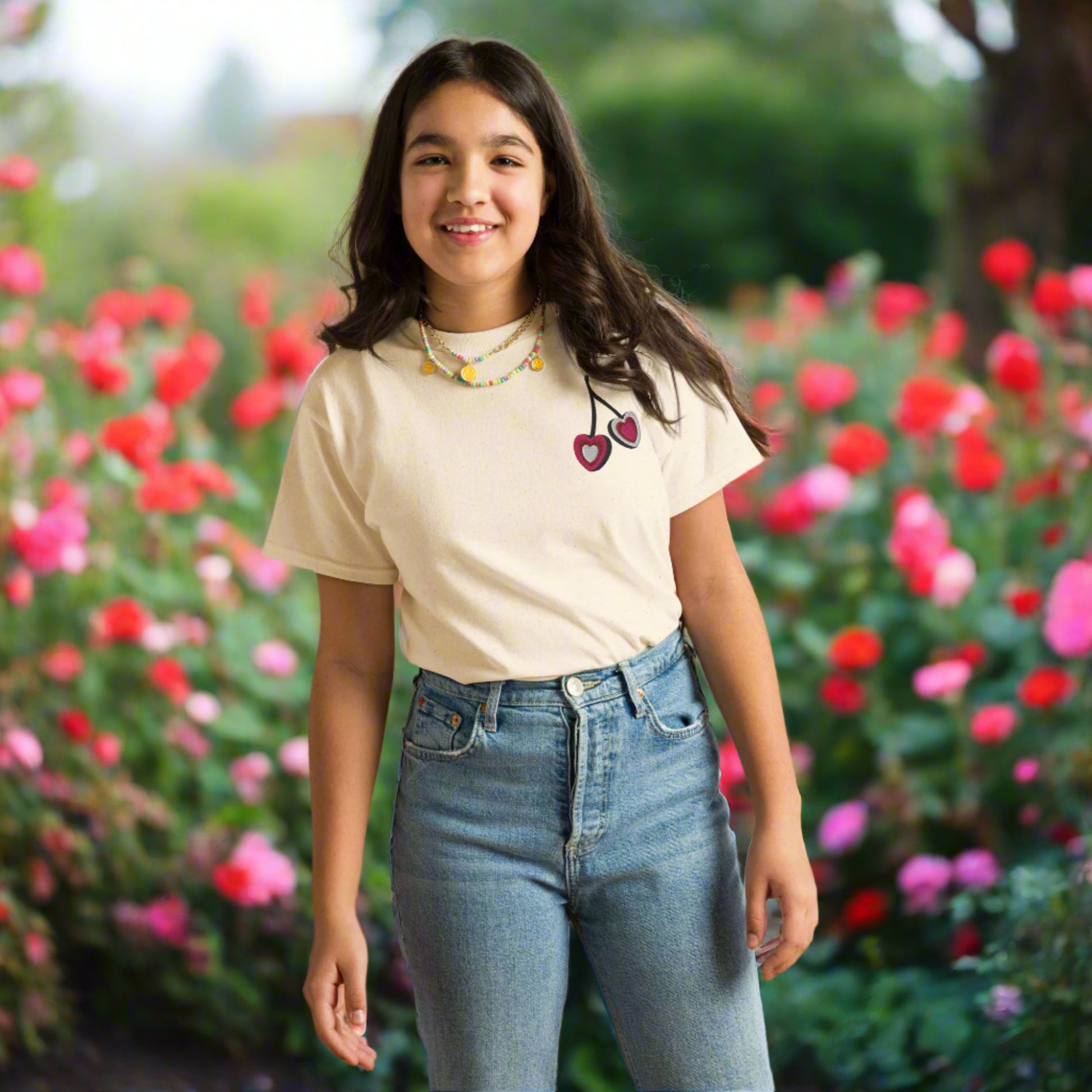 Image: Cherry Embroidery Shirt for Girls. This Valentines Day crewneck tee features two embroidered cherries on the left chest in red, pink and white with black stems. Great gift for tweens and toddlers who love the cherrycore aesthetic, by jaecrece