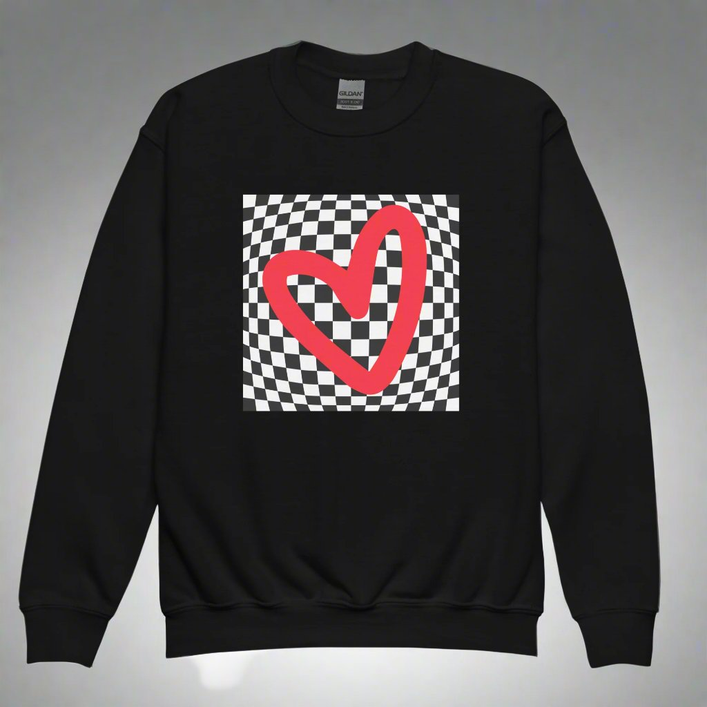 Checkerboard Love Youth Sweatshirt, features a retro black and checker optical illusion pattern with a red heart. Perfect as a gift for Valentine's Day! Matching shirts, baby bodysuits available in baby, child and adult sizes, by jaecrece