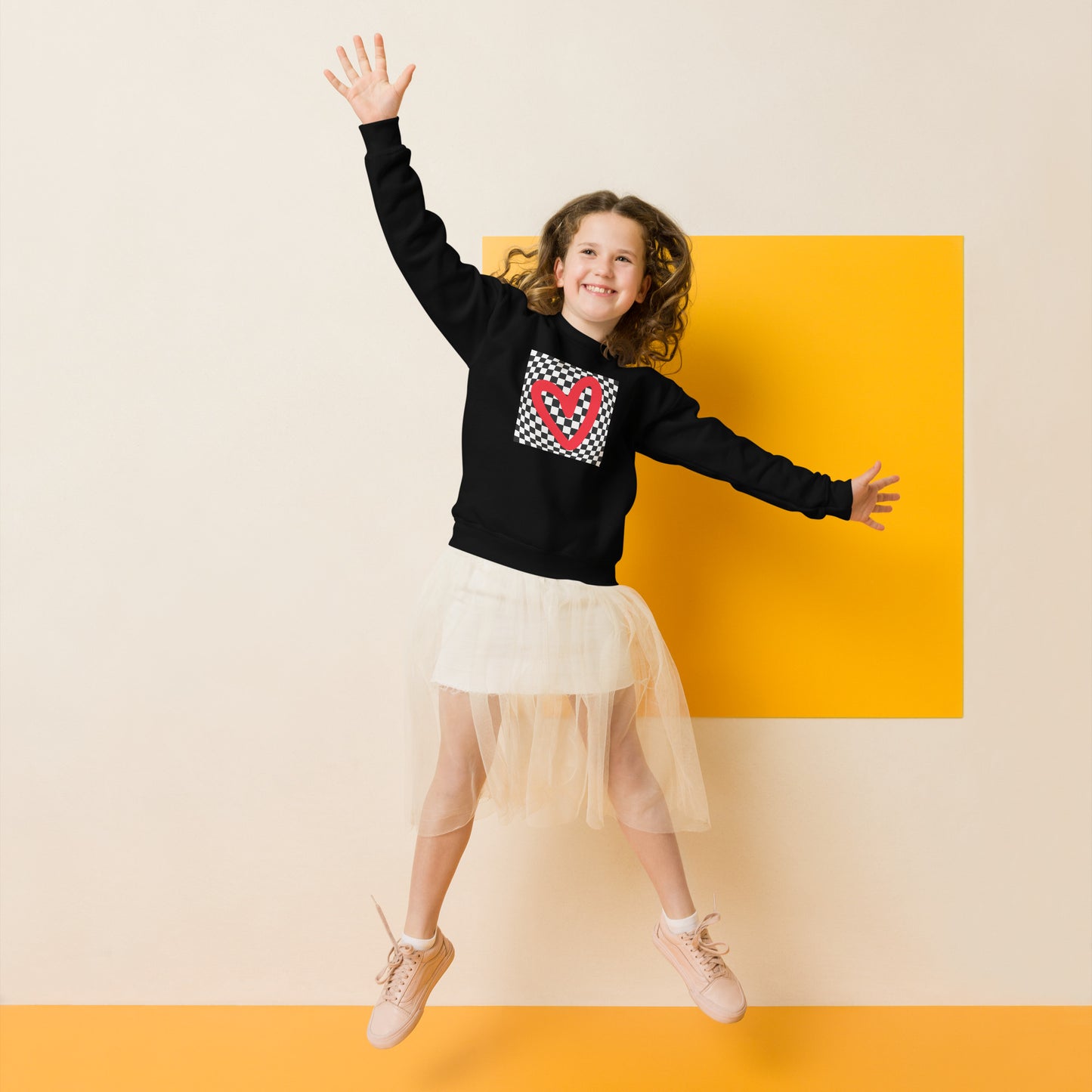 Checkerboard Love Youth Sweatshirt, features a retro black and checker optical illusion pattern with a red heart. Perfect as a gift for Valentine's Day! Matching shirts, baby bodysuits available in baby, child and adult sizes, by jaecrece