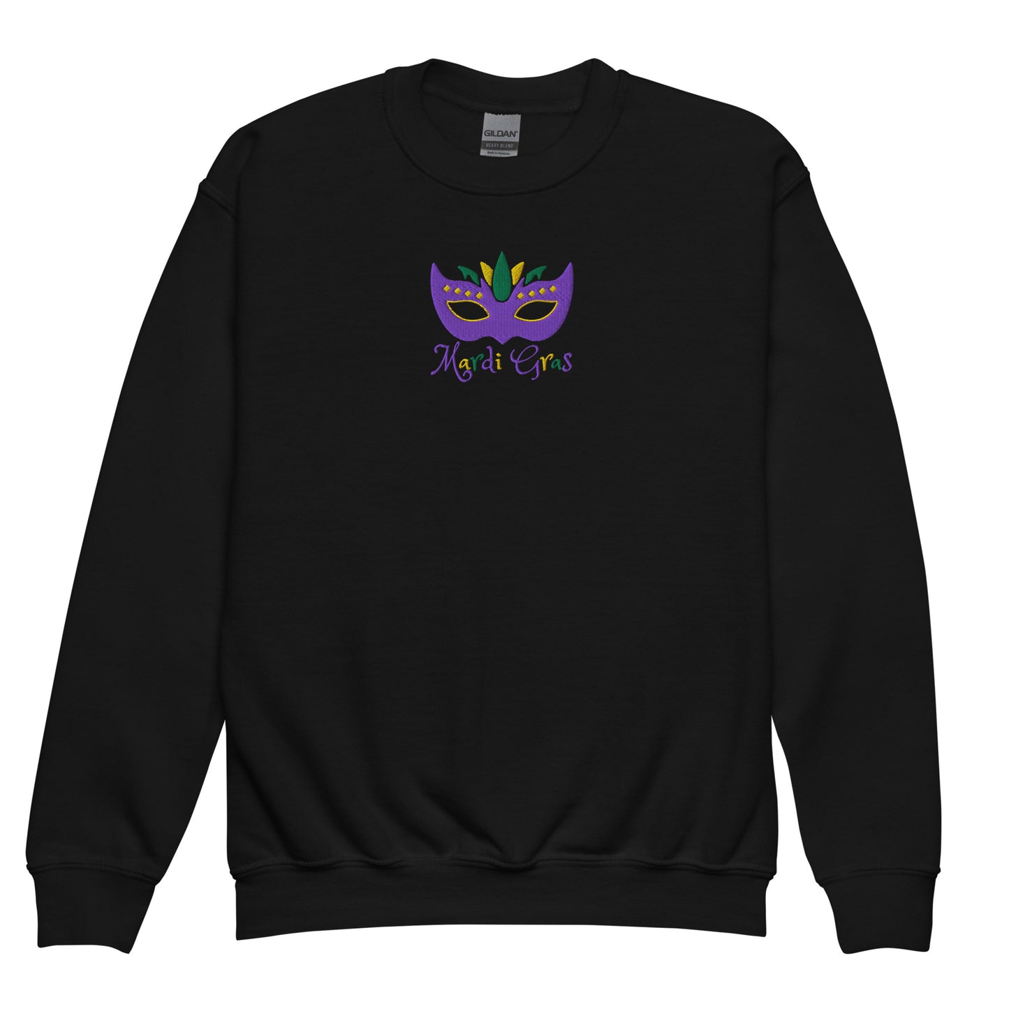 This youth Mardi Gras embroidered sweatshirt brings the fun of New Orleans to your child’s wardrobe. With a colorful mask and festive “Mardi Gras” stitched in purple, green, and gold, it’s made for parade watching, classroom celebrations, or family parties. Available in sizes XS–XL, and part of a matching family Mardi Gras outfit set. A must-have for parents looking for Mardi Gras fashion for kids.