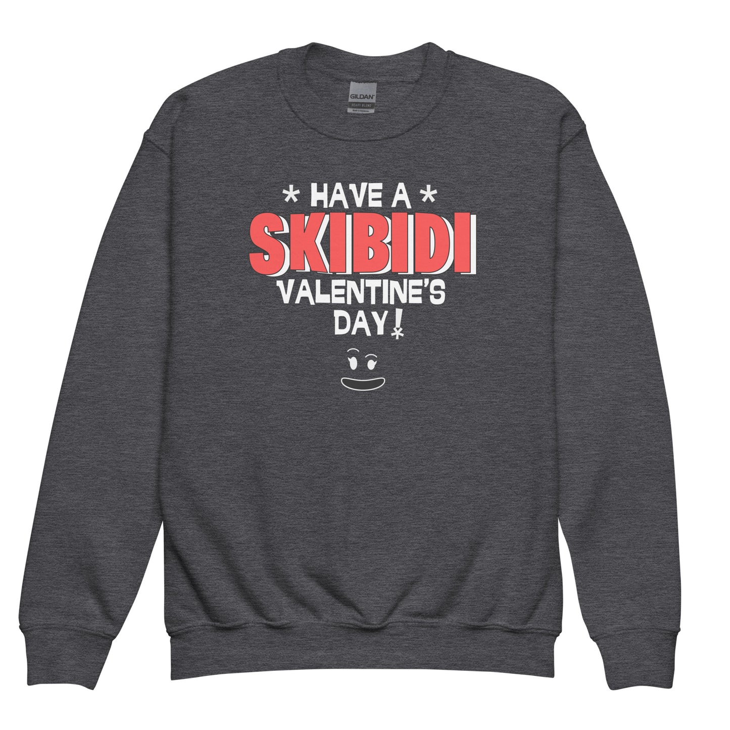 Funny Skibidi Valentine’s Day sweatshirt for kids who can’t get enough meme culture. This black or grey youth pullover says “Have a Skibidi Valentine’s Day!”—a perfect match for tween boys who love Rizz humor, toilet jokes, and online trends. Great for classroom Valentine’s Day parties, school outfits, or silly tween photo ops. The soft fleece and sturdy stitching make it as comfy as it is trendy, built for kids who game, laugh, and meme.