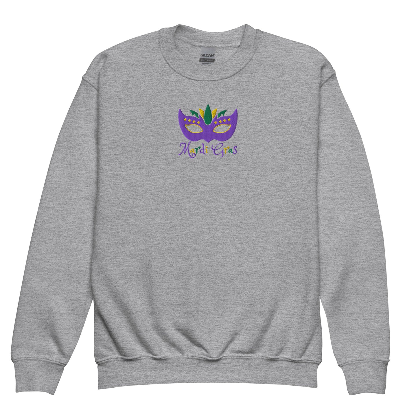 Dress your child in the spirit of Mardi Gras with this embroidered sweatshirt, featuring a bright carnival mask and classic Mardi Gras text in purple, green, and gold. Youth sizes XS–XL are perfect for school events or parade days. Coordinate with matching adult sweatshirts for family Mardi Gras outfit moments. Ideal for shoppers looking for kids Mardi Gras shirts, holiday apparel, or festive youth sweatshirts.