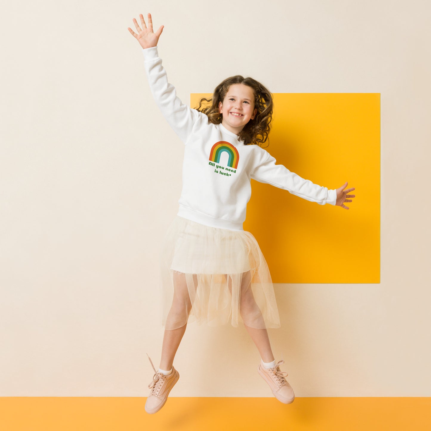 Image: All You Need is Luck St Patricks Day Sweatshirt for Toddlers Girls and Tweens. This crewneck pullover features a retro rainbow, the text All You Need is Luck and a four leaf clover. Available in white, black and gray, by jaecrece