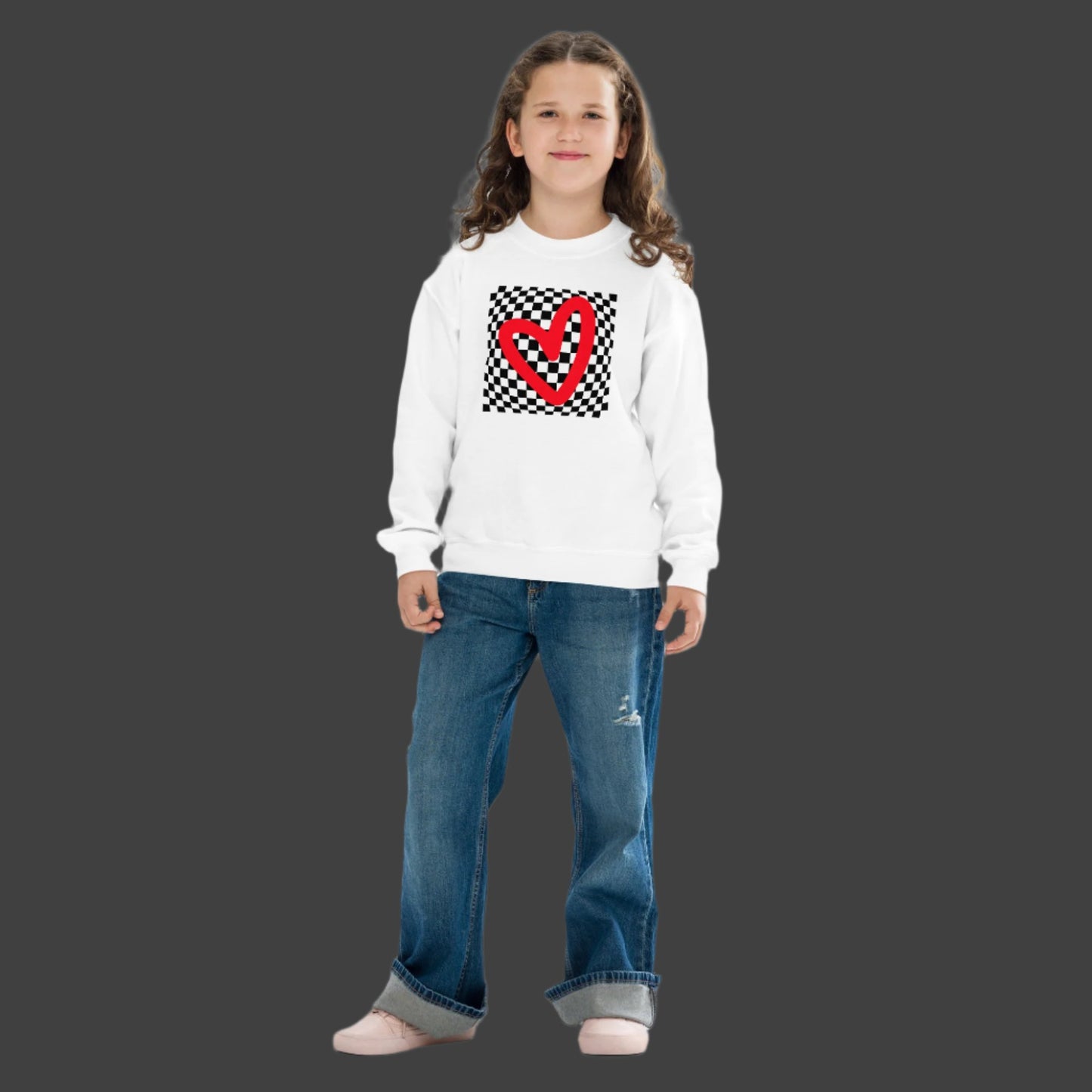 Checkerboard Love Youth Sweatshirt, features a retro black and checker optical illusion pattern with a red heart. Perfect as a gift for Valentine's Day! Matching shirts, baby bodysuits available in baby, child and adult sizes, by jaecrece