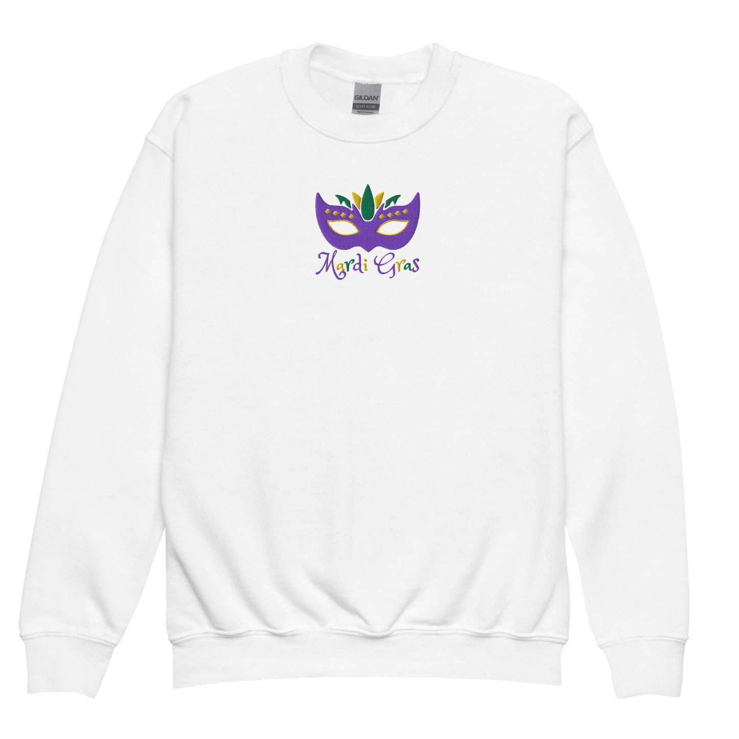 This embroidered Mardi Gras kids sweatshirt is perfect for parade season or school festivities. Featuring a bold purple, green, and gold carnival mask and “Mardi Gras” text, it’s available in youth sizes XS–XL. Designed for comfort and fun, this youth Mardi Gras shirt also comes in adult sizes for matching family outfits. A festive addition to any child’s Mardi Gras wardrobe and perfect for holiday photo ops.