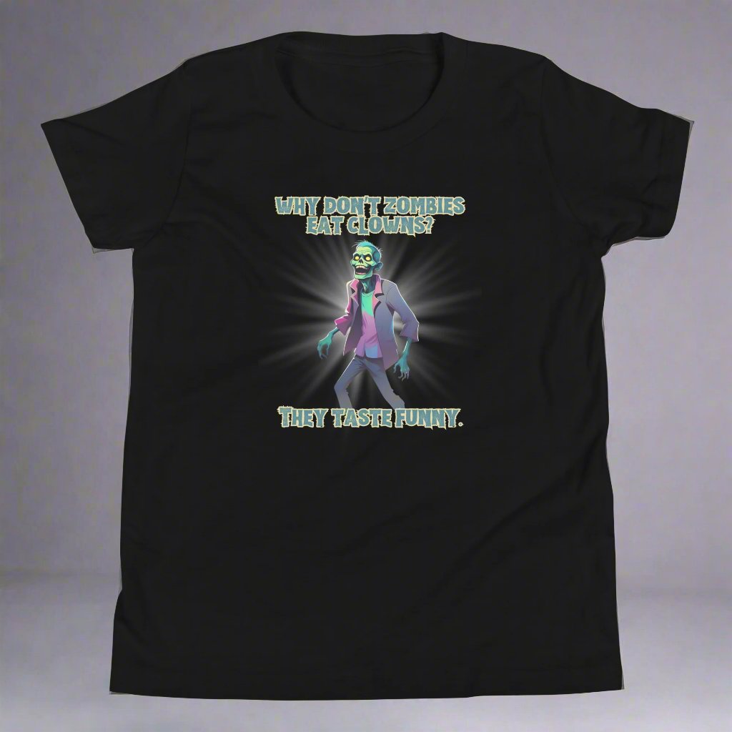 Halloween Zombie Joke Kids T-Shirt. This is a black tee with a picture of a laughing cartoon zombie. The text reads "Why don't zombies eat clowns? They taste funny", by jaecrece.com
