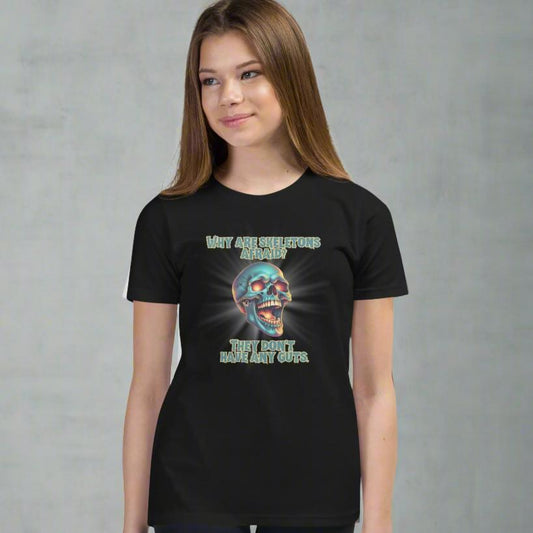 Halloween Skull Joke Shirt for Kids. This black tee features a laughing skull with the text "Why are skeletons afraid? They don't have any guts", by jaecrece.com