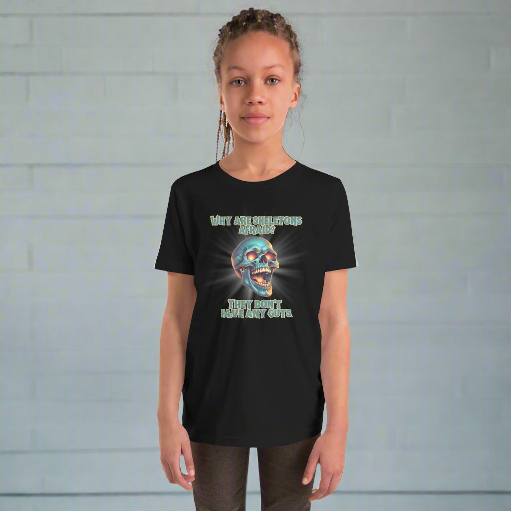 Halloween Skull Joke Shirt for Kids. This black tee features a laughing skull with the text "Why are skeletons afraid? They don't have any guts", by jaecrece.com