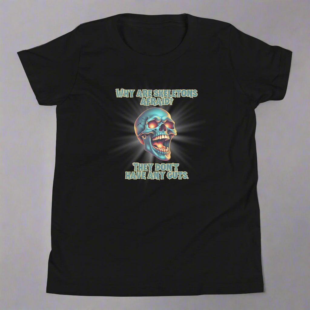 Halloween Skull Joke Shirt for Kids. This black tee features a laughing skull with the text "Why are skeletons afraid? They don't have any guts", by jaecrece.com