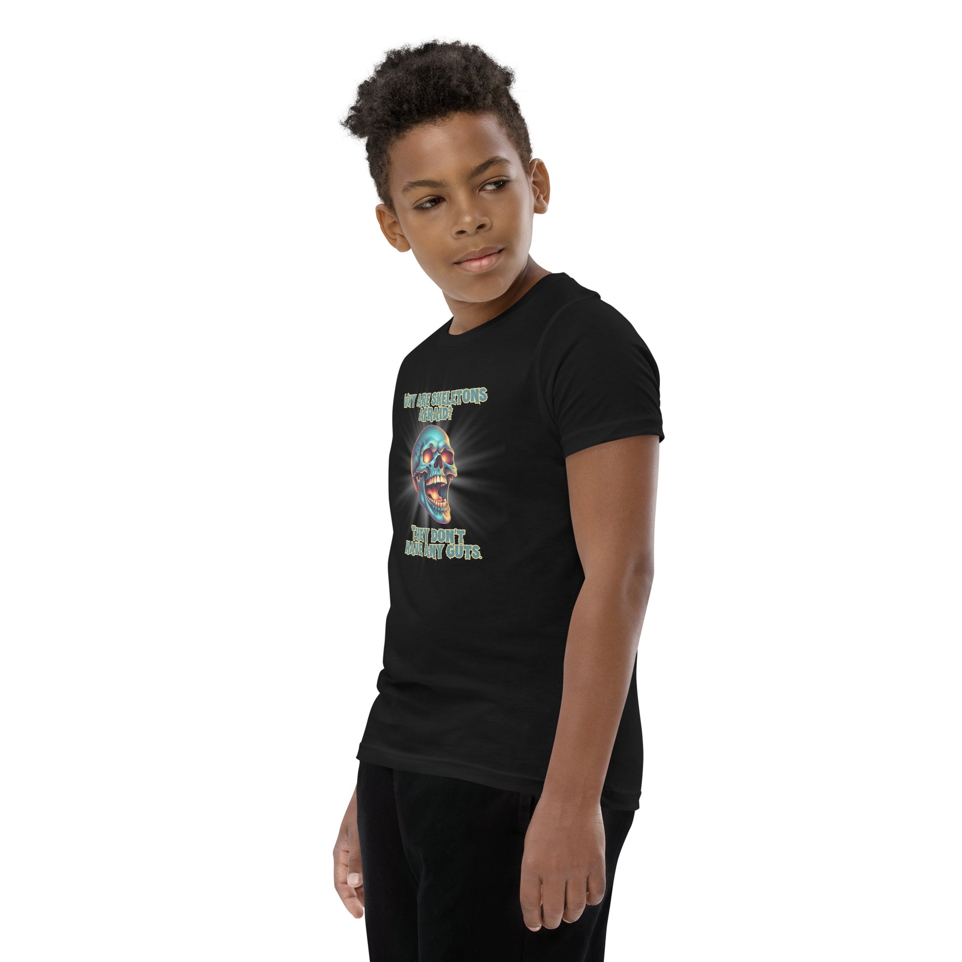 Halloween Skull Joke Shirt for Kids. This black tee features a laughing skull with the text "Why are skeletons afraid? They don't have any guts", by jaecrece.com