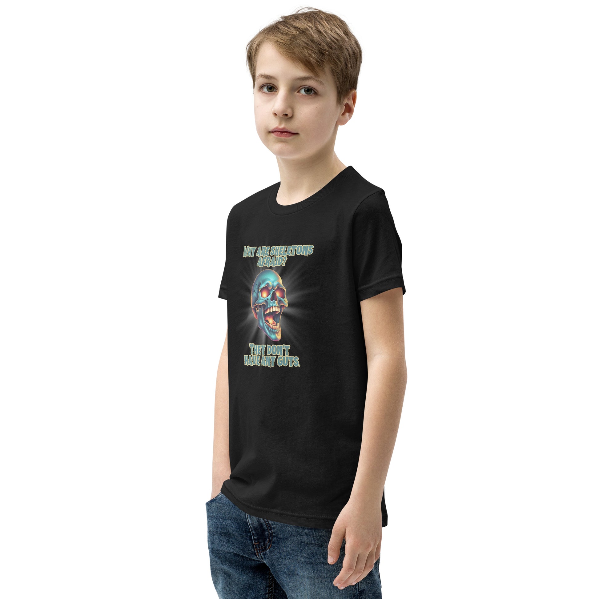 Halloween Skull Joke Shirt for Kids. This black tee features a laughing skull with the text "Why are skeletons afraid? They don't have any guts", by jaecrece.com
