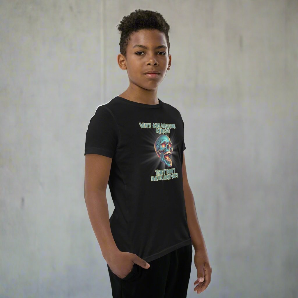 Halloween Skull Joke Shirt for Kids. This black tee features a laughing skull with the text "Why are skeletons afraid? They don't have any guts", by jaecrece.com