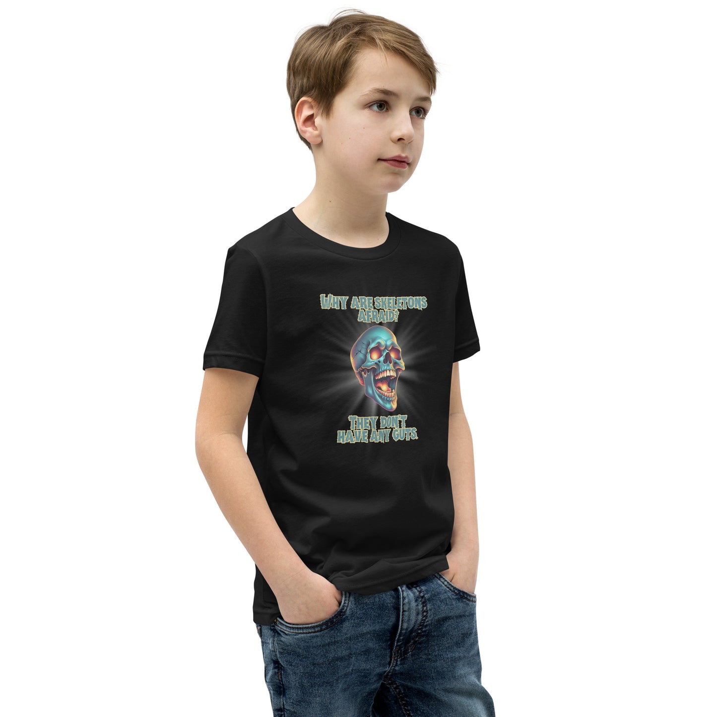 Halloween Skull Joke Shirt for Kids. This black tee features a laughing skull with the text "Why are skeletons afraid? They don't have any guts", by jaecrece.com