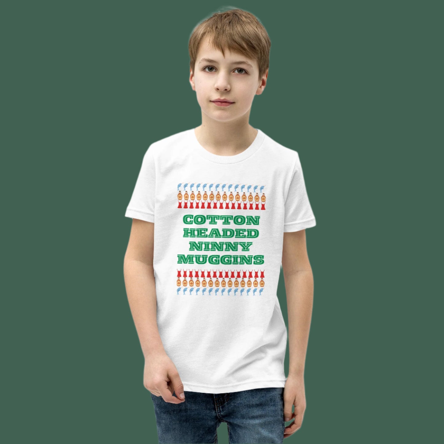 Youth “Cotton Headed Ninny Muggins” Christmas t-shirt featuring breathable, pre-shrunk cotton for all-day comfort. This unisex short sleeve tee is perfect for toddlers and kids who want to celebrate the holiday season with a playful Elf-inspired quote. Great for holiday parties, family photos, or as a unique gift for kids who love festive movies.
