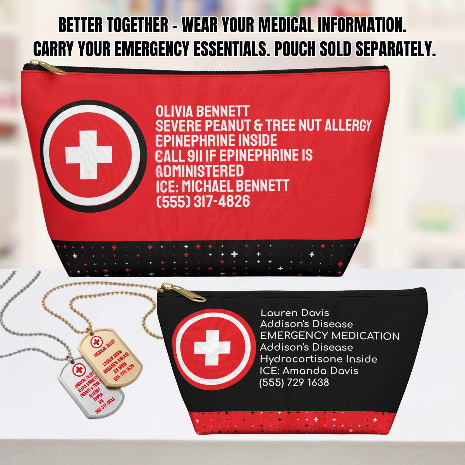 Matching personalized medical alert necklace and medical alert pouch displayed together. Custom emergency medical ID set designed to keep important medical information easy to identify at school, summer camp, travel, sports, and everyday activities.