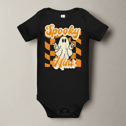 Spooky Mini Baby Bodysuit onesie, featuring an orange checkerboard pattern with a cute ghost and the text Spooky Mini, by jaecrece