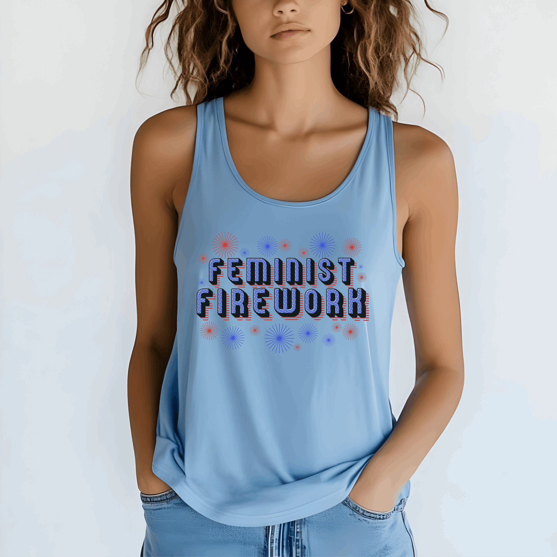 Celebrate equality and independence with this Feminist Firework tank top, combining a patriotic palette with a powerful message. The red, white, and blue retro lettering and fireworks motif make it ideal for 4th of July, Pride, or protest events. Made from Comfort Colors cotton, this tank offers a relaxed, lived-in fit that’s perfect for layering or wearing solo at summer events and rallies.