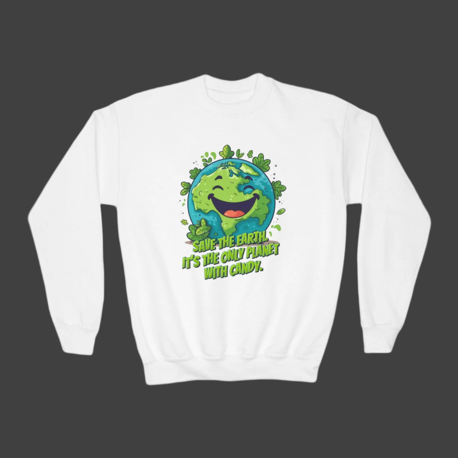 Image: Earth Day kids sweatshirt, available in white, black, grey, forest green and navy. Save the Planet youth unisex crewneck shirt with large cartoon smiling planet earth, with water and leaves. Text reads Save the Earth! Its the only planet with candy! Makes a great gift and reminder to save our planet, by jaecrece