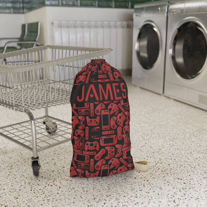 Black & Red Gamer Laundry Bag, Custom Name Drawstring Laundry Bag