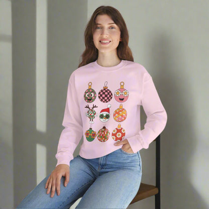 This ladies holiday sweatshirt features 9 different Retro Christmas, such as disco balls, snowmen, reindeer and daisies.  Ornament Sweatshirt, Vintage Xmas Shirt, Groovy Holiday Pullover, Boyfriend Crewneck, Festive Checkerboard Sweater, by jaecrece