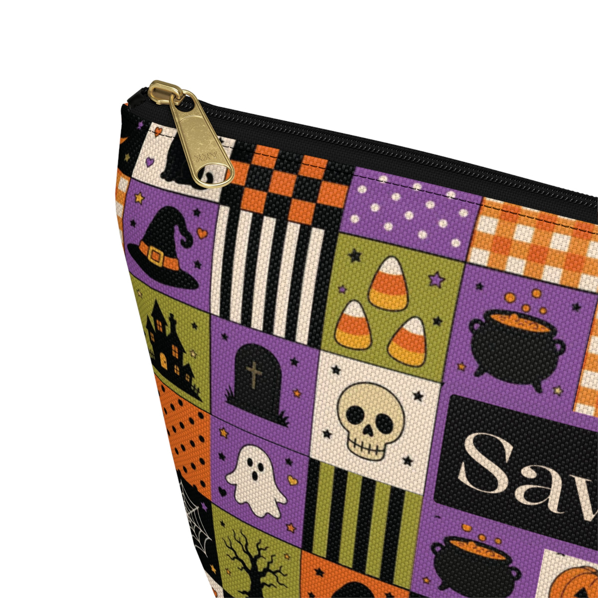 Personalized Halloween Makeup Bag, Vintage Patchwork Toiletry Pouch