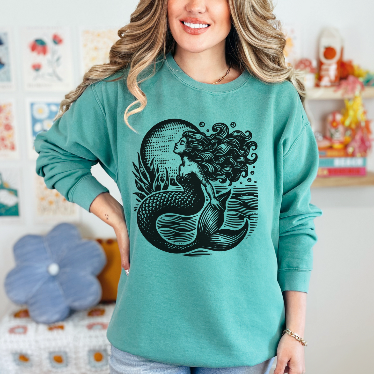 Image: Mermaid  Sweatshirt, Vintage Ocean Vibes Sweatshirt. Pullover crewneck features large black graphic with mermaid in front of the moon, in the ocean waves. Gift for women and teens who love a vintage ocean aesthetic and mermaidcore, by jaecrece