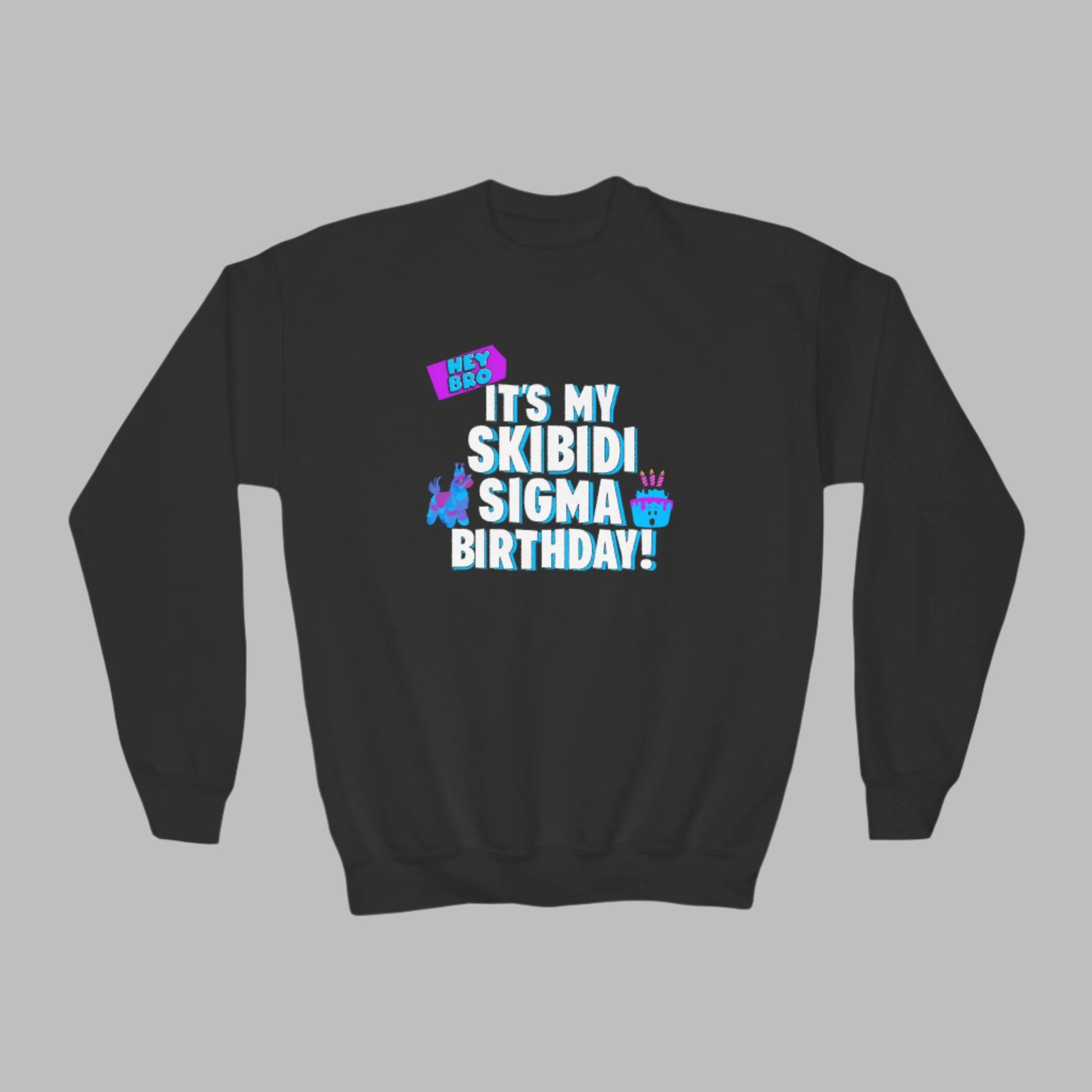 Image: Skibidi Sigma Birthday shirt for Boys and Girls. This tshirt says Hey Bro, its my Skibidi Sigma Birthday with a llama pinata and a birthday cake, by jaecrece