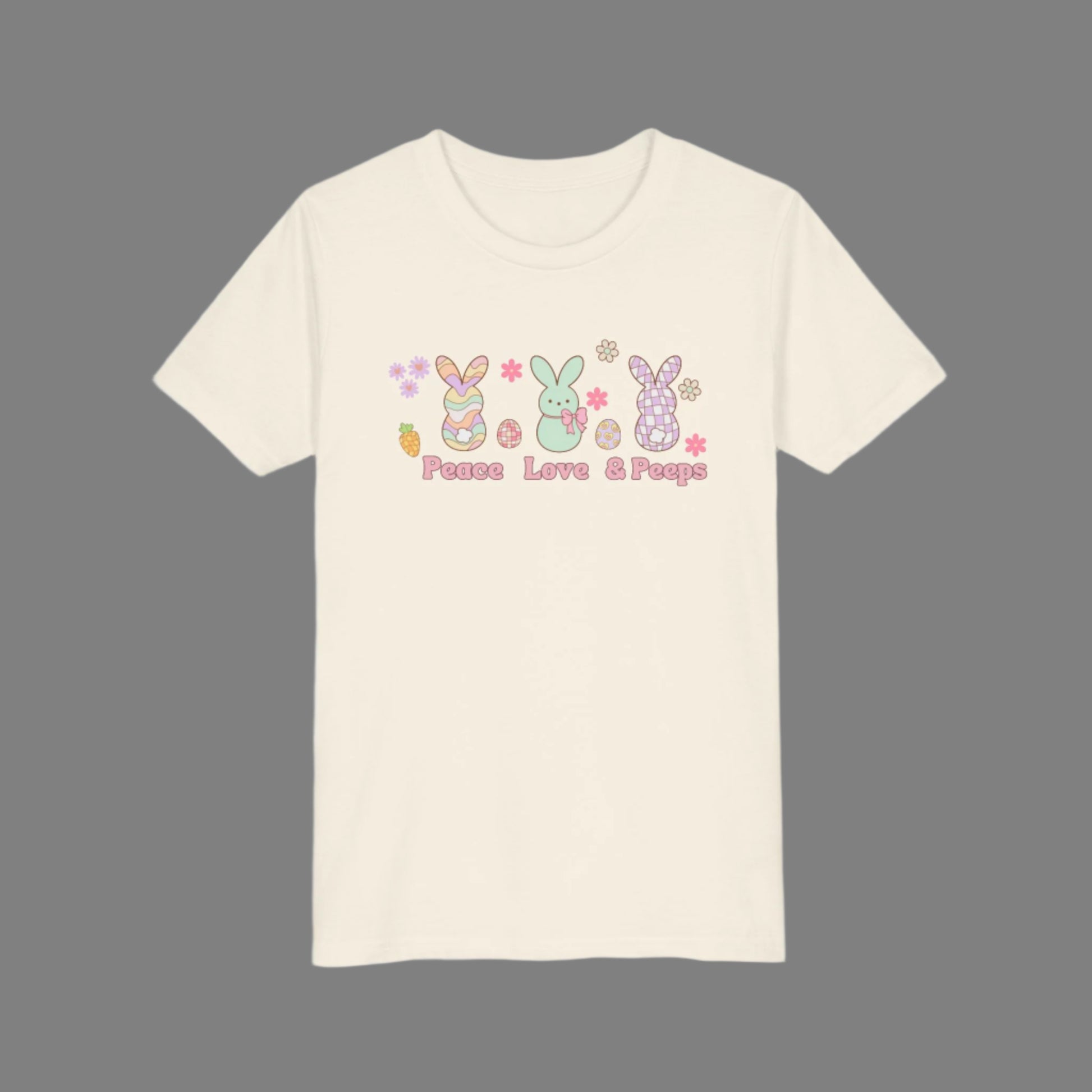 Image: Peace Love and Peeps Easter Shirt for Adults and Children. This Mommy and Me Match Easter Tee features Peeps Easter Candy with Easter Eggs and Daisies. A great Easter shirt for your family holiday celebrations, by jaecrece