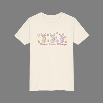 Image: Peace Love and Peeps Easter Shirt for Adults and Children. This Mommy and Me Match Easter Tee features Peeps Easter Candy with Easter Eggs and Daisies. A great Easter shirt for your family holiday celebrations, by jaecrece