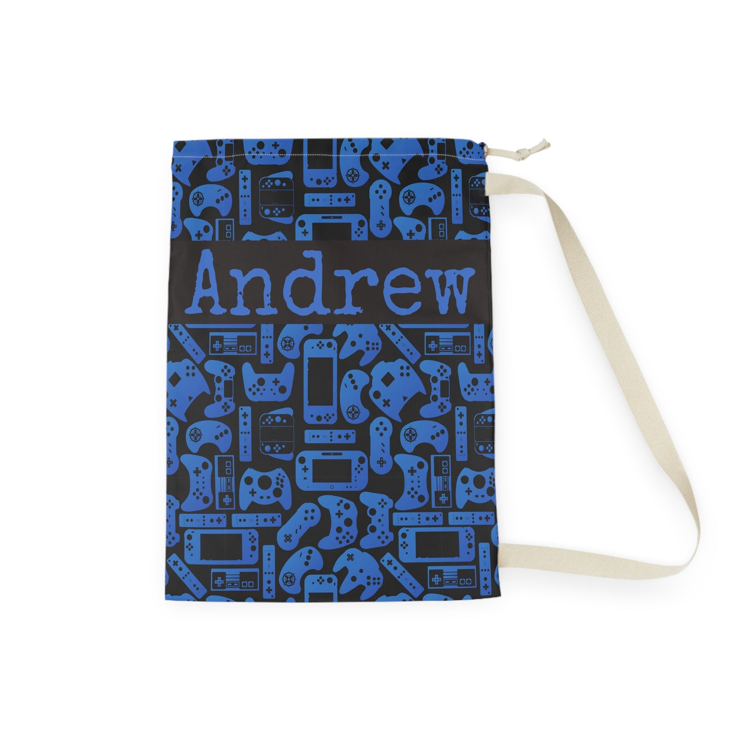 Black & Blue Gamer Laundry Bag, Custom Name Drawstring Laundry Bag