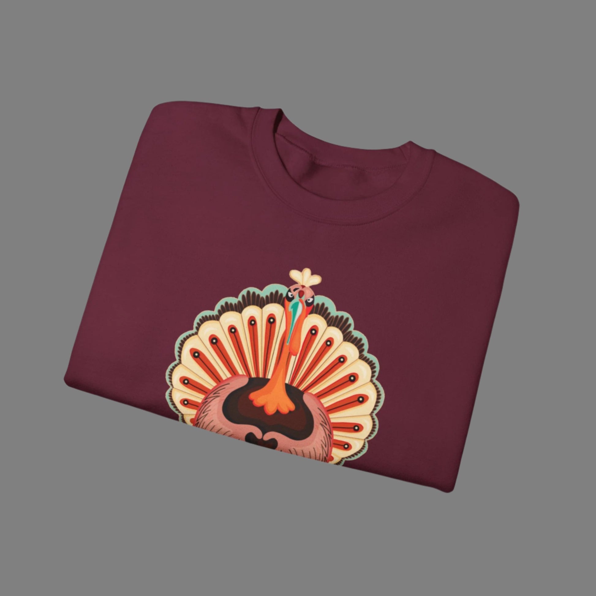 Image: Turkey Day Sweatshirt in Womens Sizes. This Turkey Day Sweater features a large Turkey making the love sign with his hands. This cozy pullover makes a perfect gift, by jaecrece