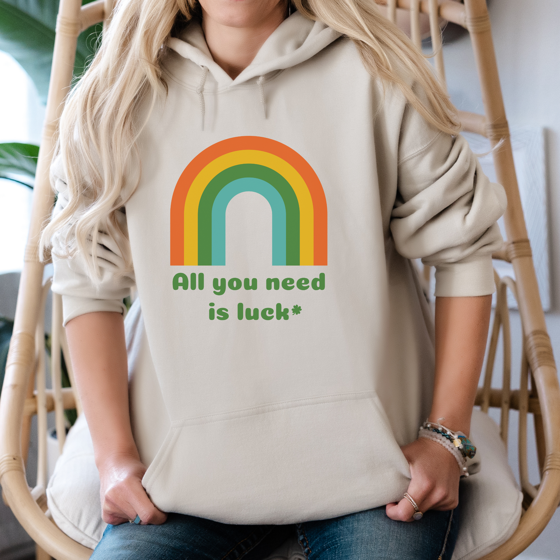 Image: St Patricks Day Sweatshirt with a retro rainbow graphic and the text All you need is Luck, St Pattys Hoodie, All You Need is Luck Adult Sweater, Good Luck Charm Clover, Family Matching Outfit, Shamrock Mommy Me, Boyfriend Crewneck, by jaecrece