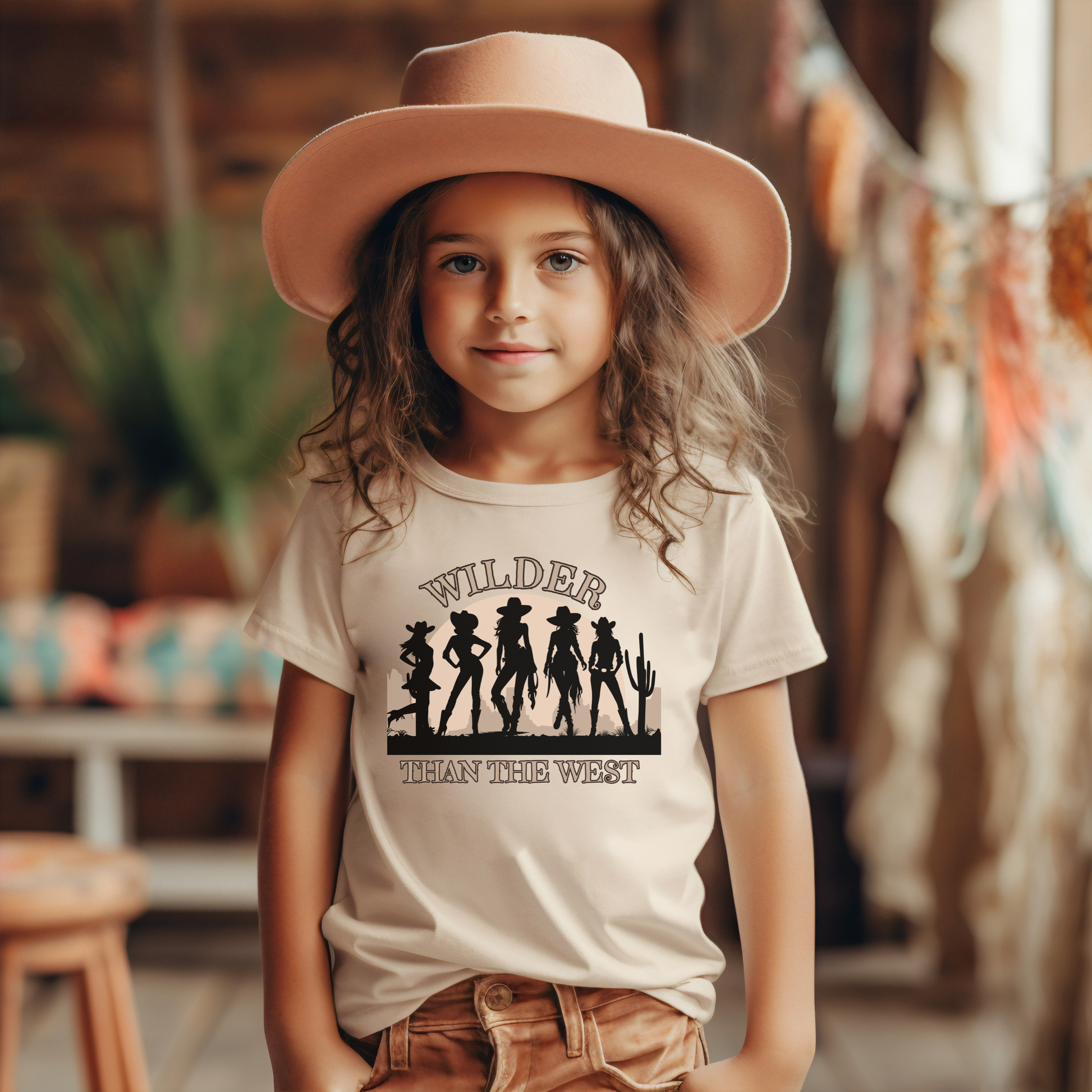 Youth-sized Wilder than the West shirt with bold cowgirl silhouettes and a cactus desert sunset scene. A western cowgirl silhouette tee for girls who love country music, Texas state fairs, and vintage rodeo style. This mommy and me match shirt comes in sizes S–XL and is great for mini horse girls, coastal cowgirl aesthetic lovers, or matching mama mini rodeo and fair outfits with a graphic quote vibe.