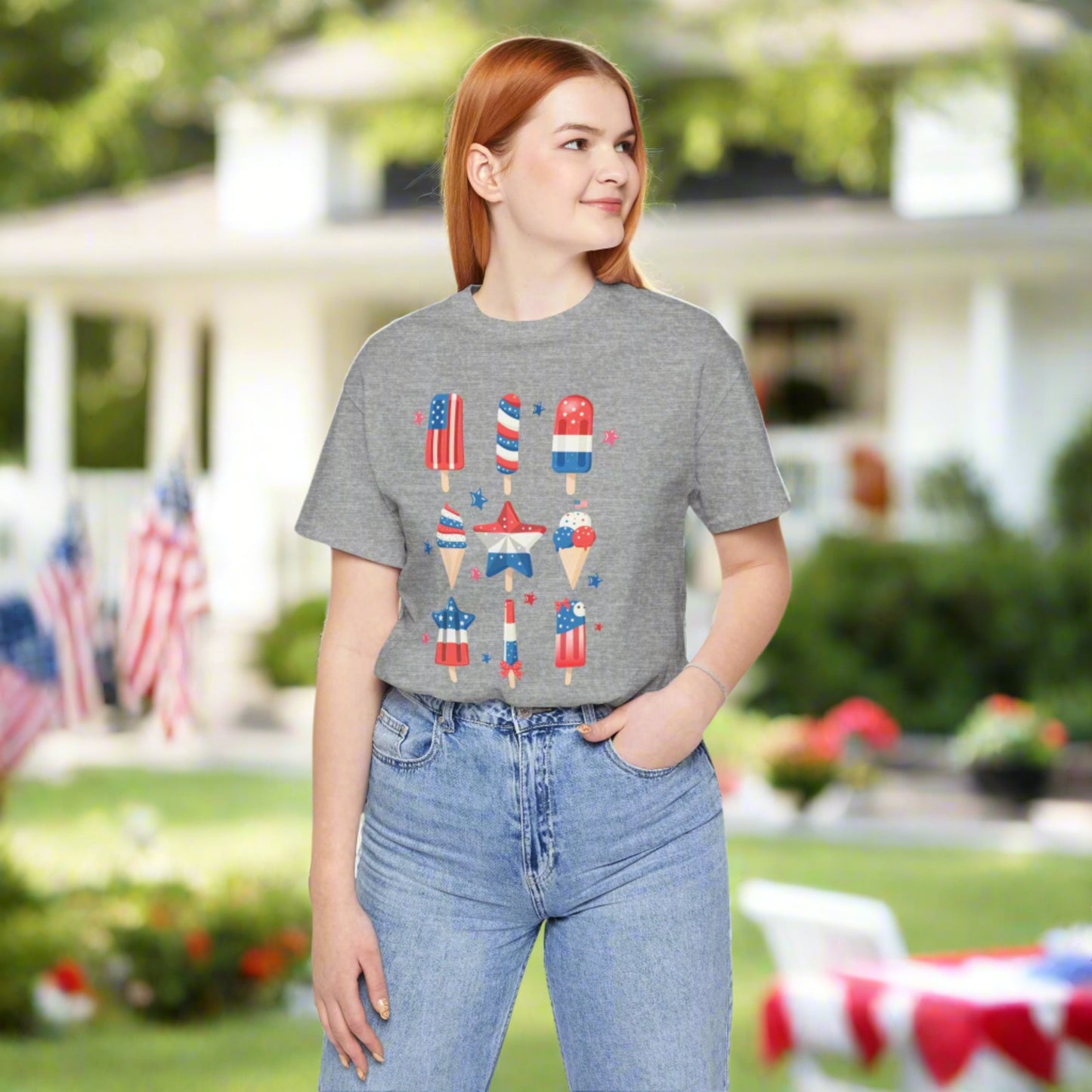 Image: Bring playful energy to your Independence Day look with this patriotic popsicle shirt for adults in sizes XS to 5XL. Featuring a colorful red white and blue design, it is perfect for wearing to fireworks shows, patriotic parties, or Veterans Day gatherings. Its soft relaxed fit makes it easy to wear while still looking stylish, whether paired with shorts or jeans, by jaecrece.