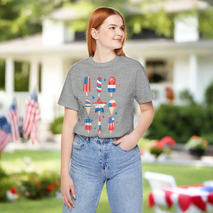 Image: Bring playful energy to your Independence Day look with this patriotic popsicle shirt for adults in sizes XS to 5XL. Featuring a colorful red white and blue design, it is perfect for wearing to fireworks shows, patriotic parties, or Veterans Day gatherings. Its soft relaxed fit makes it easy to wear while still looking stylish, whether paired with shorts or jeans, by jaecrece.