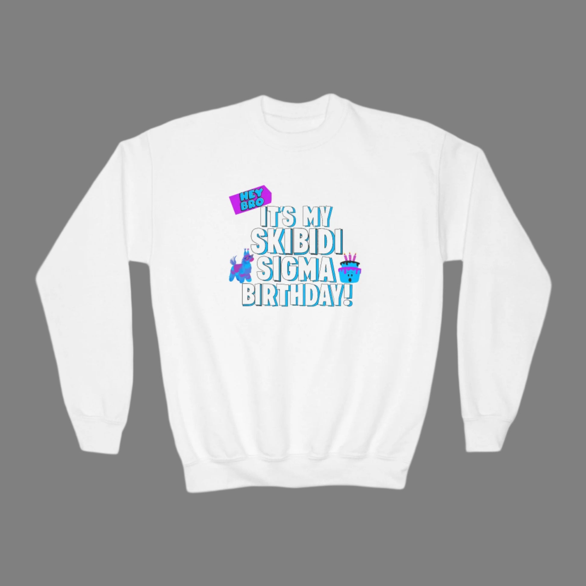 Image: Skibidi Sigma Birthday shirt for Boys and Girls. This tshirt says Hey Bro, its my Skibidi Sigma Birthday with a llama pinata and a birthday cake, by jaecrece