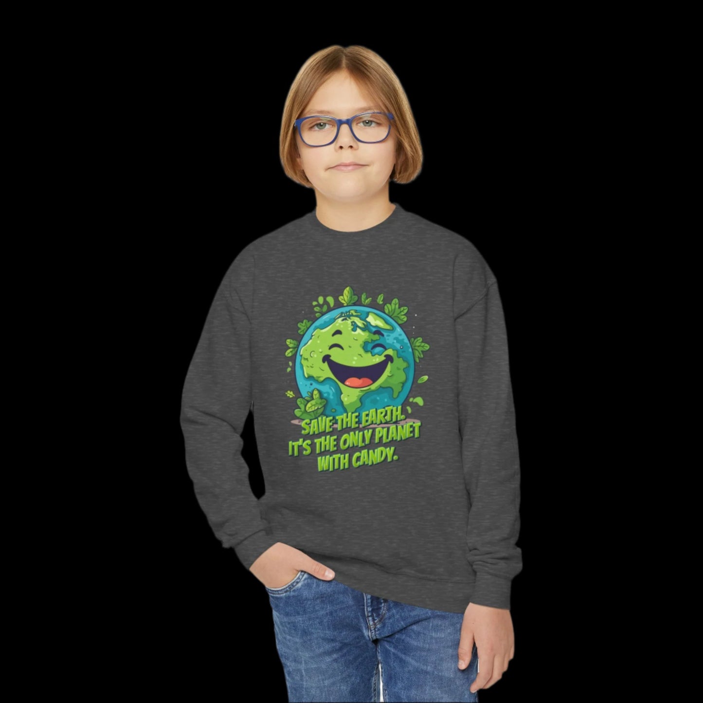 Image: Earth Day kids sweatshirt, available in white, black, grey, forest green and navy. Save the Planet youth unisex crewneck shirt with large cartoon smiling planet earth, with water and leaves. Text reads Save the Earth! Its the only planet with candy! Makes a great gift and reminder to save our planet, by jaecrece