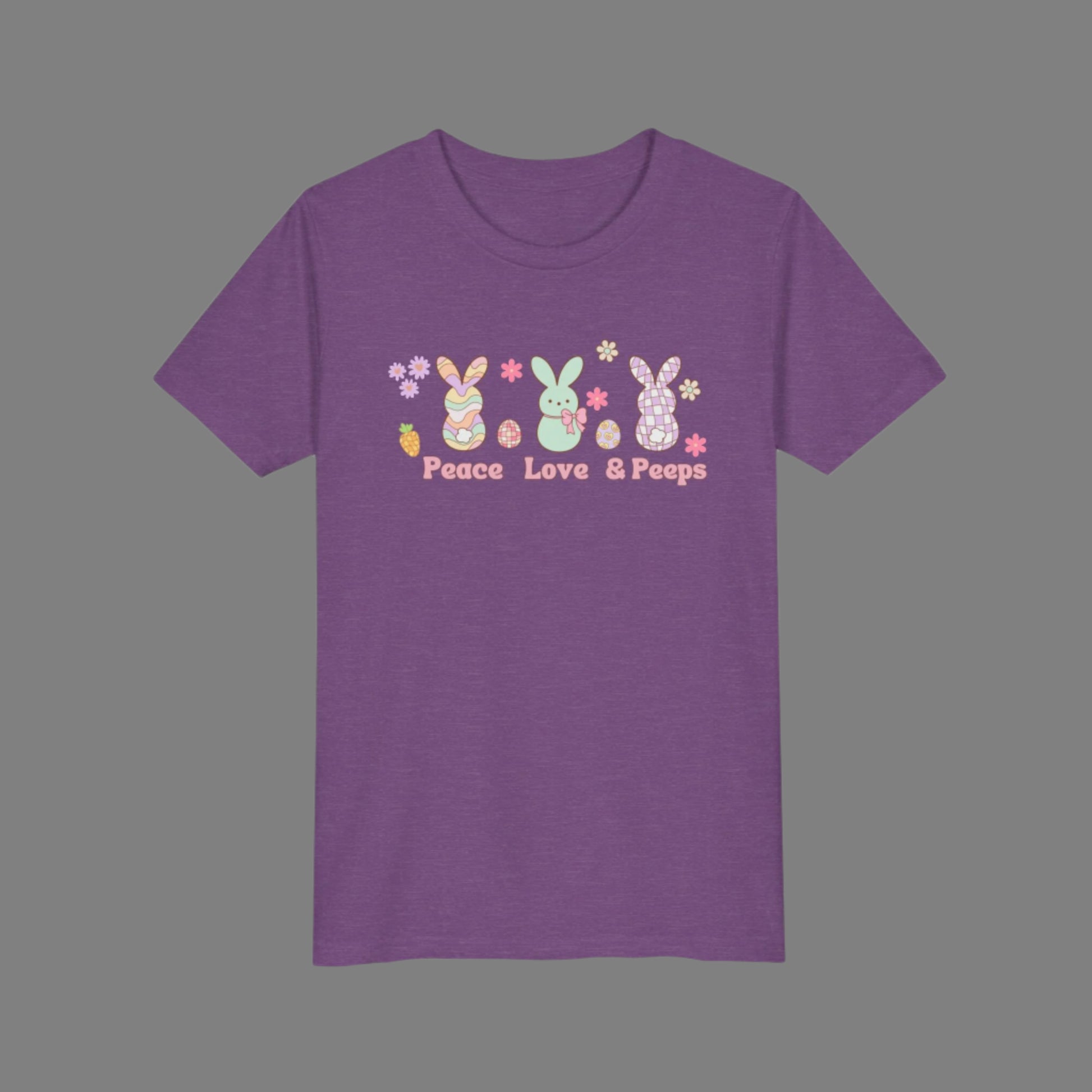 Image: Peace Love and Peeps Easter Shirt for Adults and Children. This Mommy and Me Match Easter Tee features Peeps Easter Candy with Easter Eggs and Daisies. A great Easter shirt for your family holiday celebrations, by jaecrece