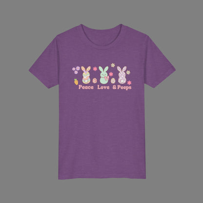 Image: Peace Love and Peeps Easter Shirt for Adults and Children. This Mommy and Me Match Easter Tee features Peeps Easter Candy with Easter Eggs and Daisies. A great Easter shirt for your family holiday celebrations, by jaecrece