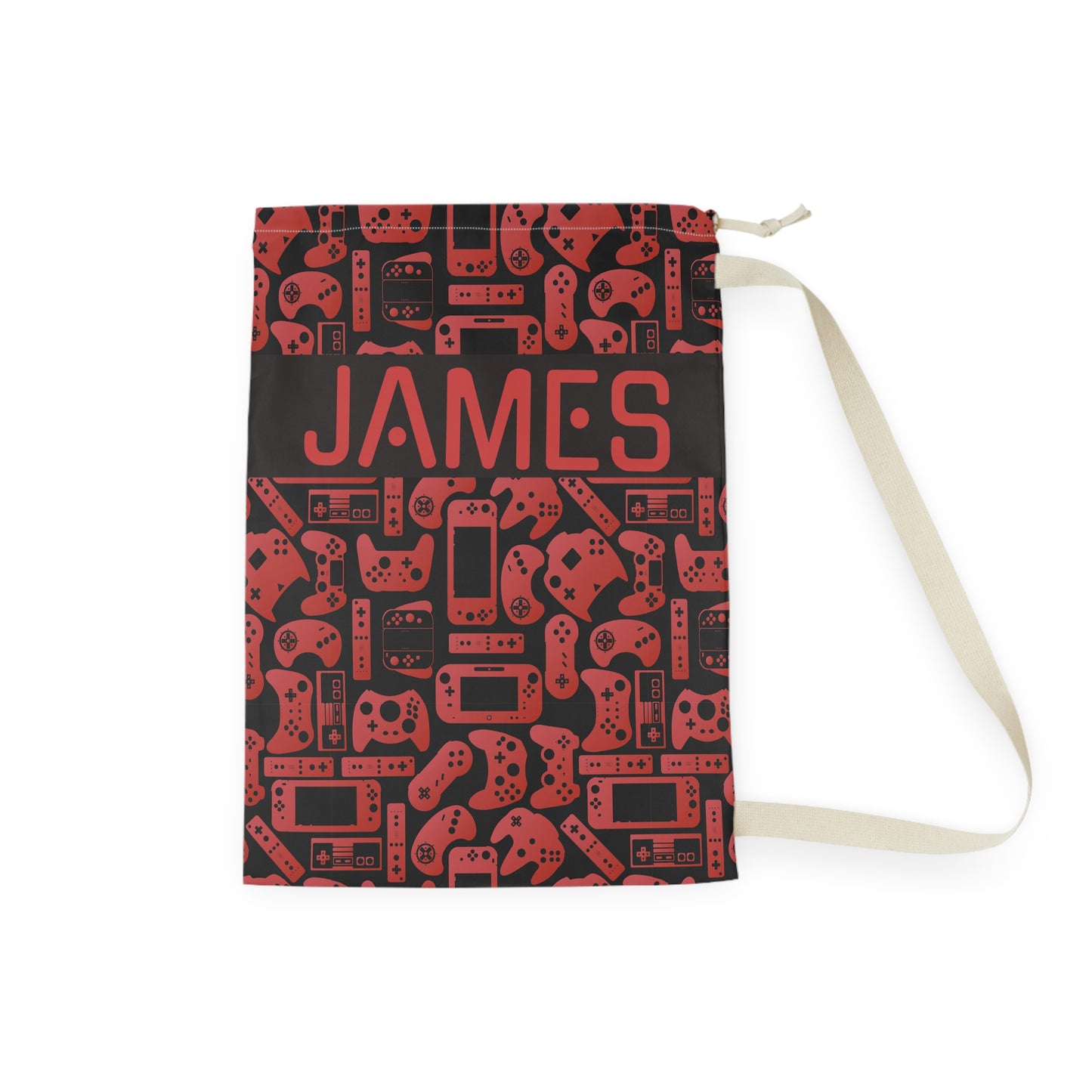 Black & Red Gamer Laundry Bag, Custom Name Drawstring Laundry Bag