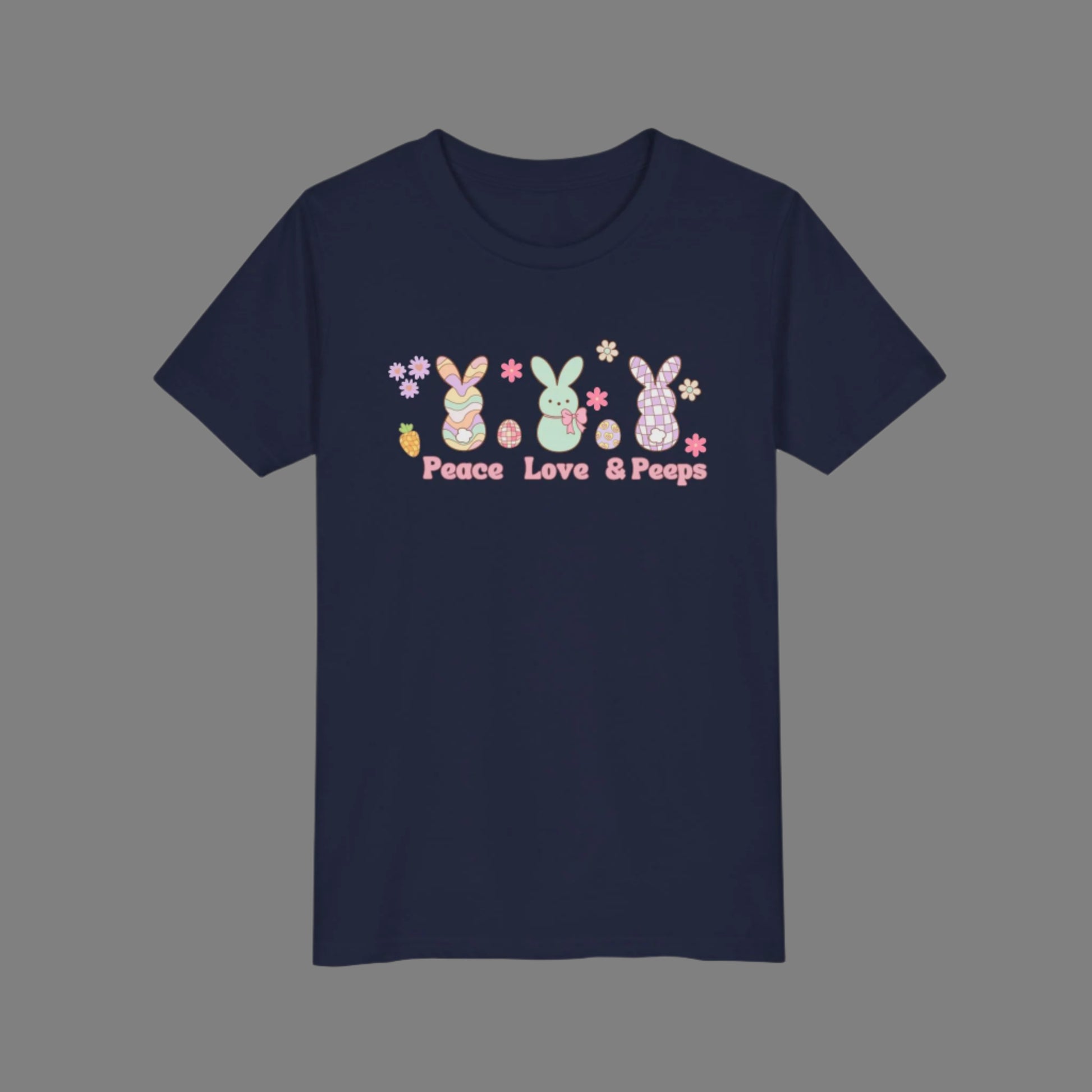 Image: Peace Love and Peeps Easter Shirt for Adults and Children. This Mommy and Me Match Easter Tee features Peeps Easter Candy with Easter Eggs and Daisies. A great Easter shirt for your family holiday celebrations, by jaecrece