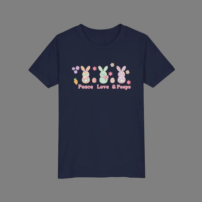 Image: Peace Love and Peeps Easter Shirt for Adults and Children. This Mommy and Me Match Easter Tee features Peeps Easter Candy with Easter Eggs and Daisies. A great Easter shirt for your family holiday celebrations, by jaecrece